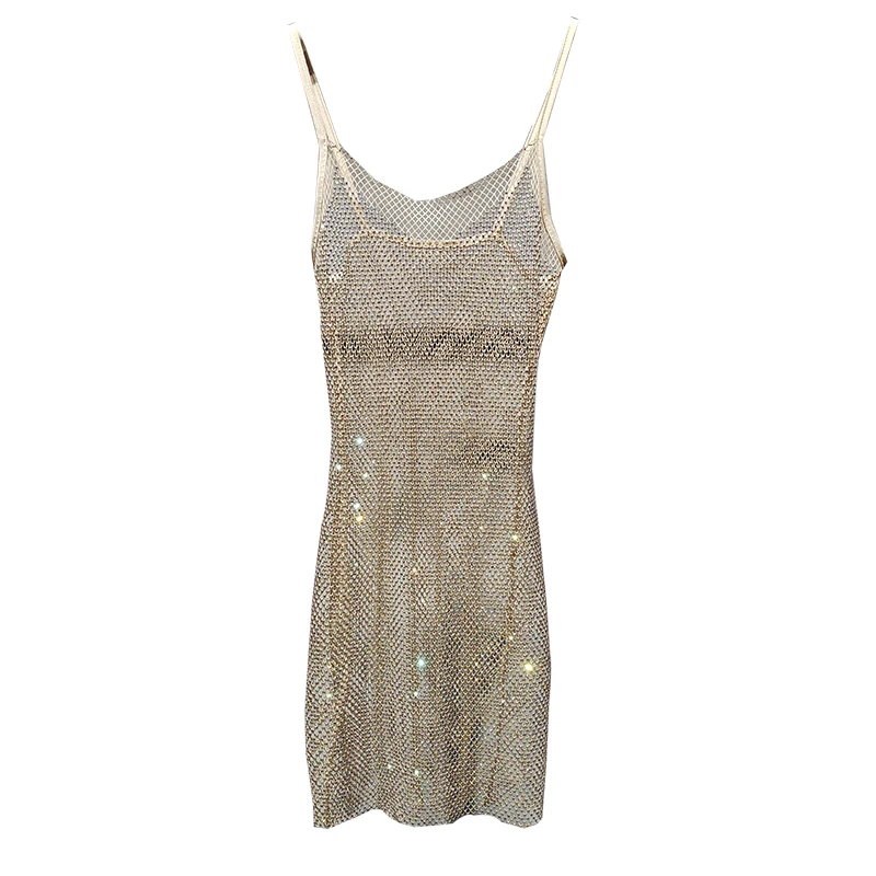 Bungee Sexy Slim Slim Women's 2024 Summer New Bright Diamond Crystal Temperament Bag Hip Sling Mid-length Dress Fashion Trend