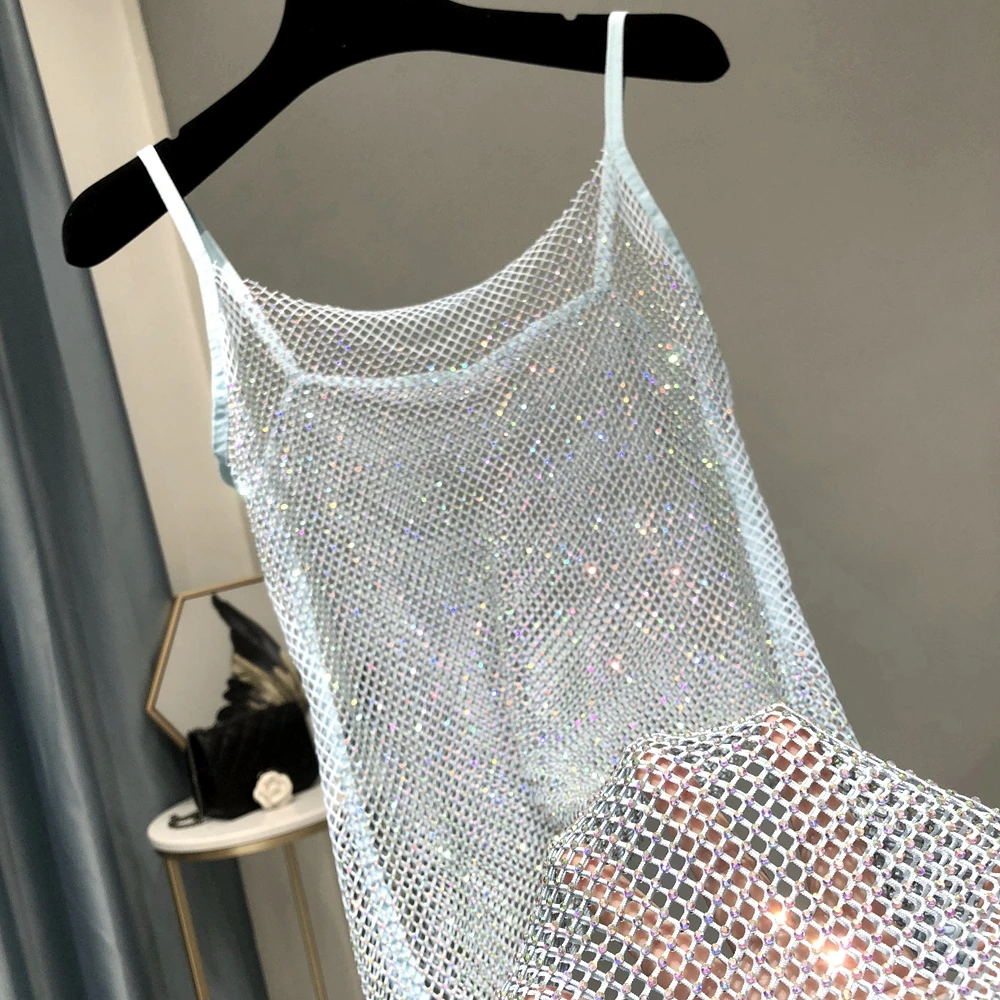 Bungee Sexy Slim Slim Women's 2024 Summer New Bright Diamond Crystal Temperament Bag Hip Sling Mid-length Dress Fashion Trend