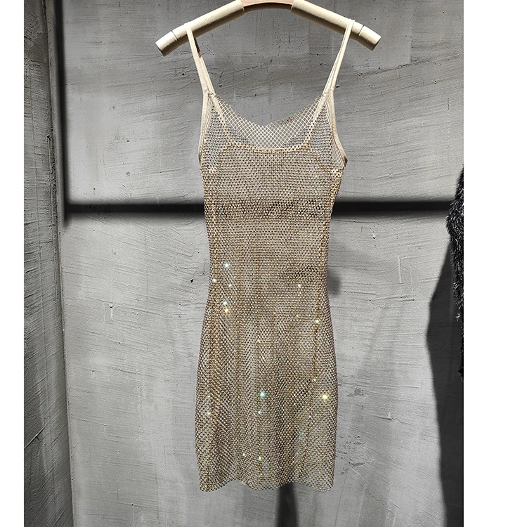 Bungee Sexy Slim Slim Women's 2024 Summer New Bright Diamond Crystal Temperament Bag Hip Sling Mid-length Dress Fashion Trend