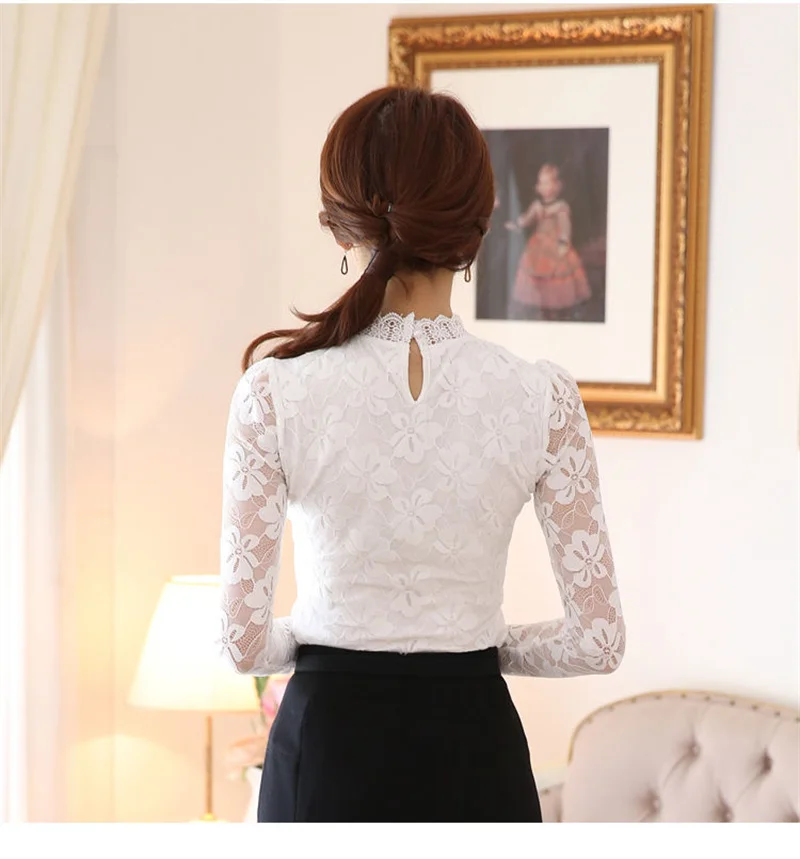 Women's Lace Tees Long Sleeve Bottoming Shirts Fleece Warm Underwear Hollow Mesh Stand-up Collar Tops Lady Slim Chiffon Blouses