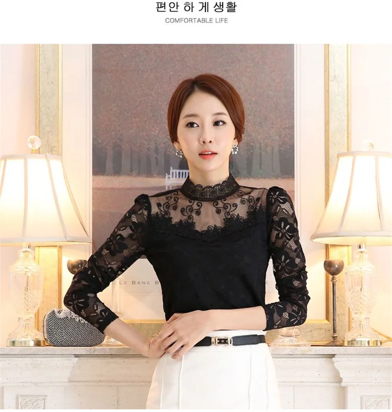 Women's Lace Tees Long Sleeve Bottoming Shirts Fleece Warm Underwear Hollow Mesh Stand-up Collar Tops Lady Slim Chiffon Blouses