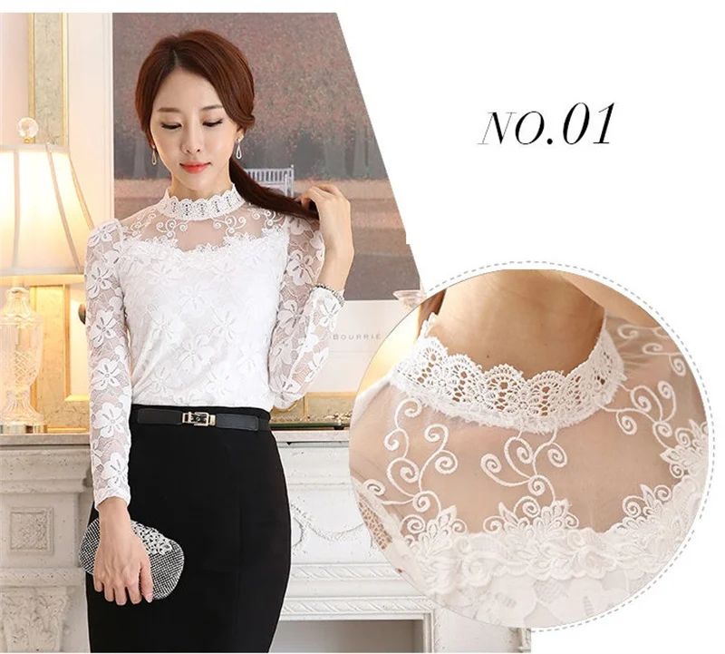 Women's Lace Tees Long Sleeve Bottoming Shirts Fleece Warm Underwear Hollow Mesh Stand-up Collar Tops Lady Slim Chiffon Blouses