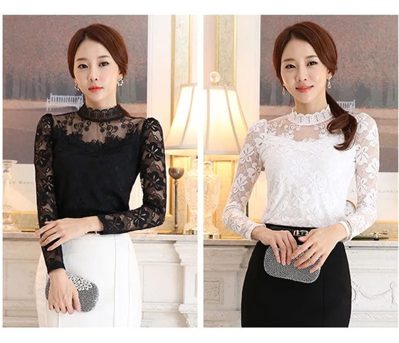 Women's Lace Tees Long Sleeve Bottoming Shirts Fleece Warm Underwear Hollow Mesh Stand-up Collar Tops Lady Slim Chiffon Blouses