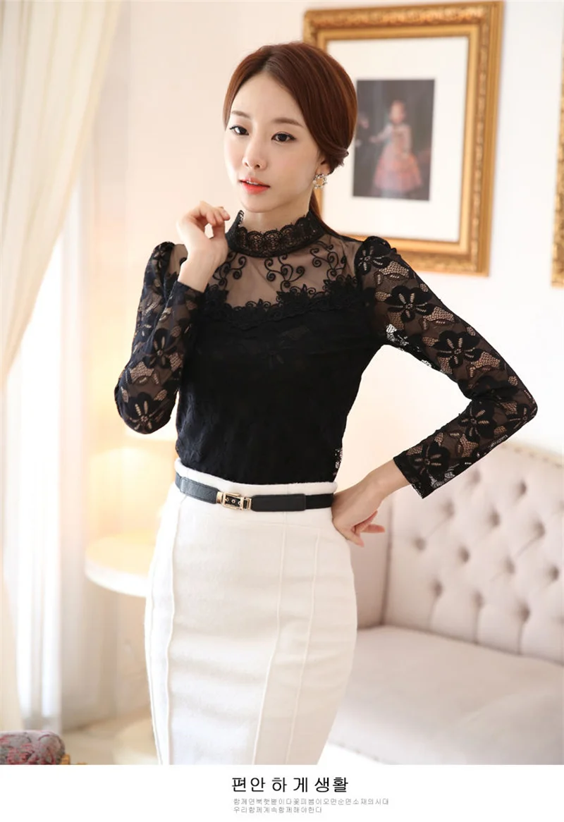 Women's Lace Tees Long Sleeve Bottoming Shirts Fleece Warm Underwear Hollow Mesh Stand-up Collar Tops Lady Slim Chiffon Blouses