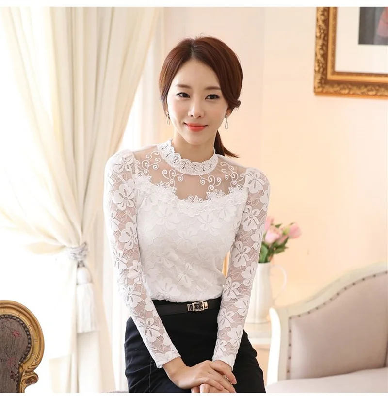 Women's Lace Tees Long Sleeve Bottoming Shirts Fleece Warm Underwear Hollow Mesh Stand-up Collar Tops Lady Slim Chiffon Blouses