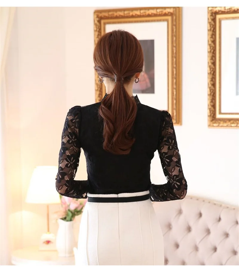 Women's Lace Tees Long Sleeve Bottoming Shirts Fleece Warm Underwear Hollow Mesh Stand-up Collar Tops Lady Slim Chiffon Blouses