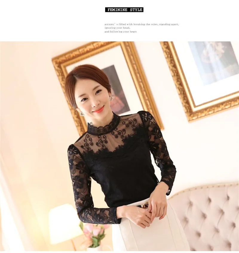 Women's Lace Tees Long Sleeve Bottoming Shirts Fleece Warm Underwear Hollow Mesh Stand-up Collar Tops Lady Slim Chiffon Blouses