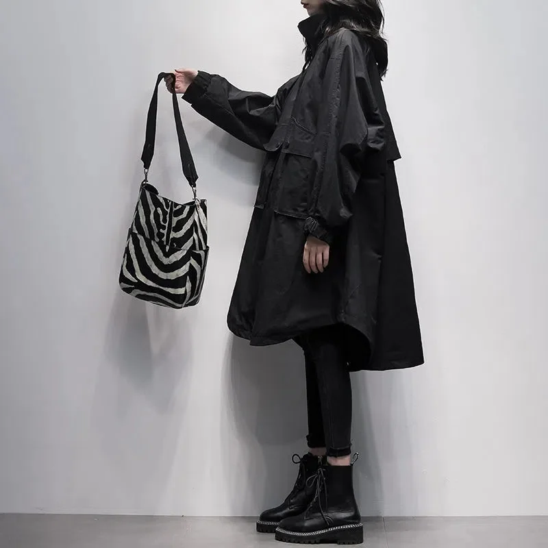 Autumn 2026 New Korean Version of Black Hooded Long Sleeve Leisure With Loose and Slimming Long Trench Coat For Women to Commute