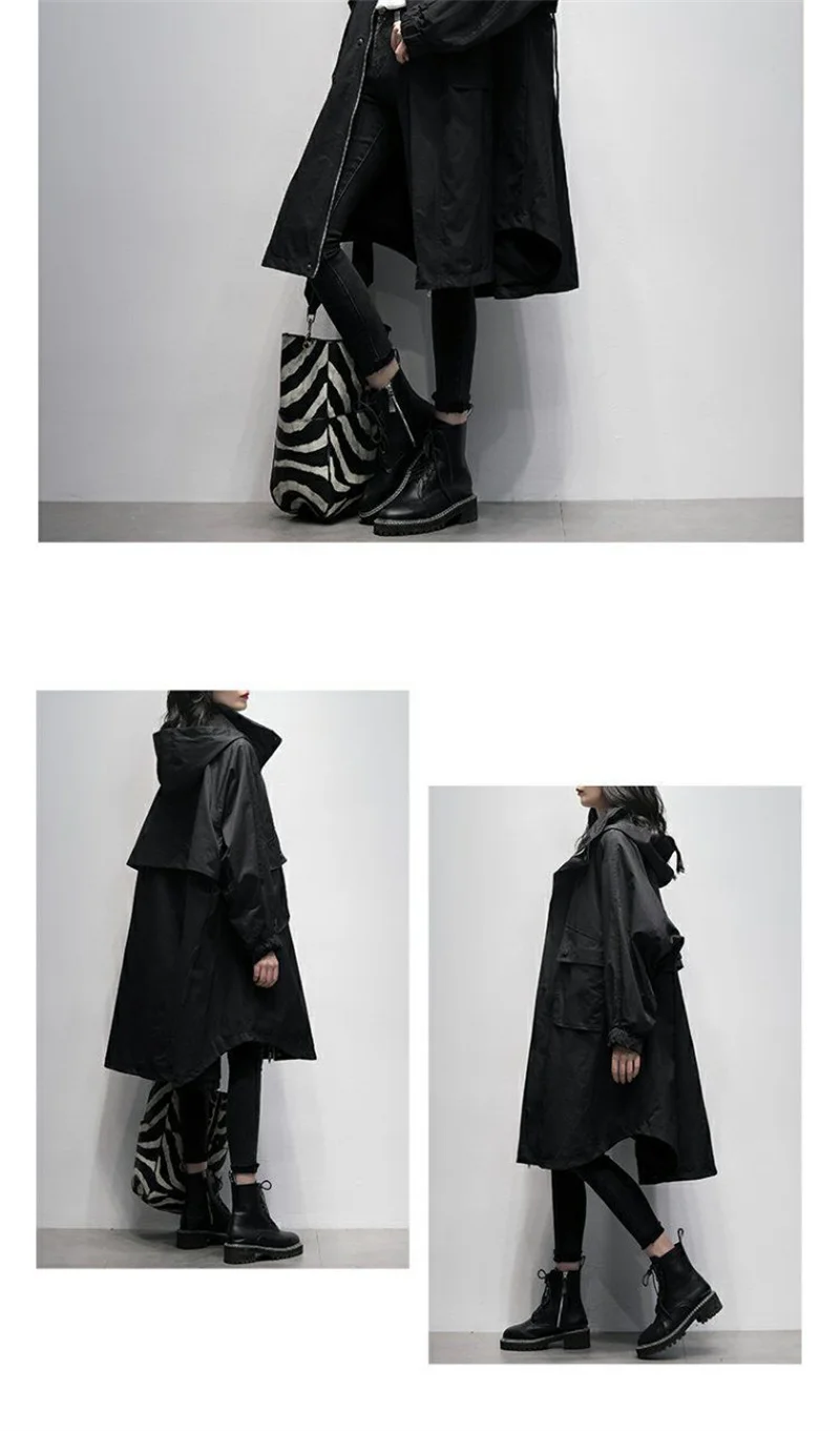 Autumn 2026 New Korean Version of Black Hooded Long Sleeve Leisure With Loose and Slimming Long Trench Coat For Women to Commute