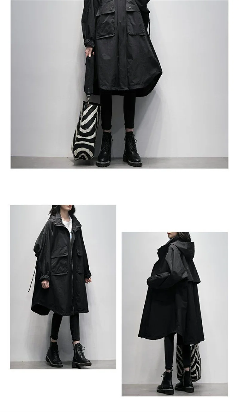 Autumn 2026 New Korean Version of Black Hooded Long Sleeve Leisure With Loose and Slimming Long Trench Coat For Women to Commute