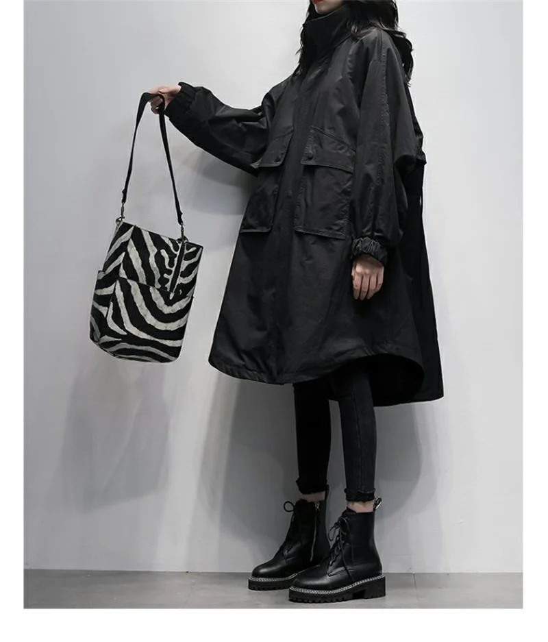 Autumn 2026 New Korean Version of Black Hooded Long Sleeve Leisure With Loose and Slimming Long Trench Coat For Women to Commute