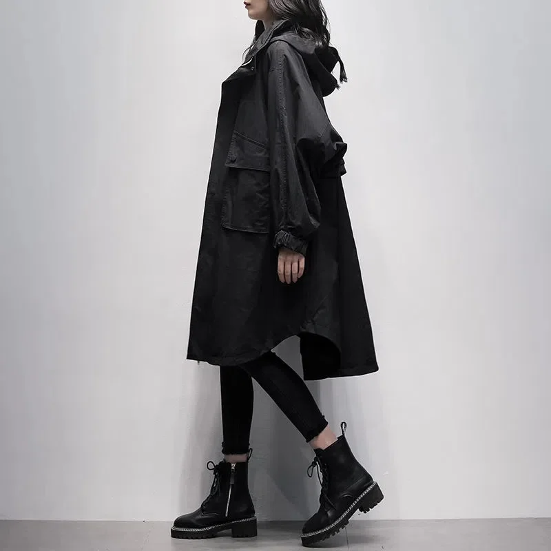 Autumn 2026 New Korean Version of Black Hooded Long Sleeve Leisure With Loose and Slimming Long Trench Coat For Women to Commute