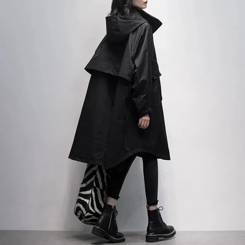 Autumn 2026 New Korean Version of Black Hooded Long Sleeve Leisure With Loose and Slimming Long Trench Coat For Women to Commute