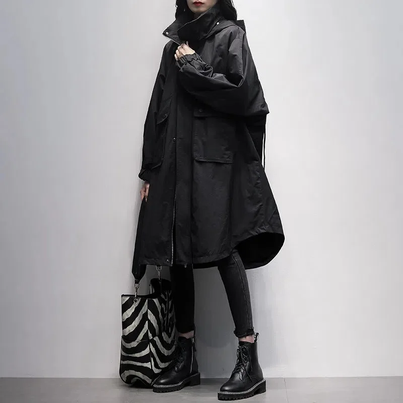 Autumn 2026 New Korean Version of Black Hooded Long Sleeve Leisure With Loose and Slimming Long Trench Coat For Women to Commute