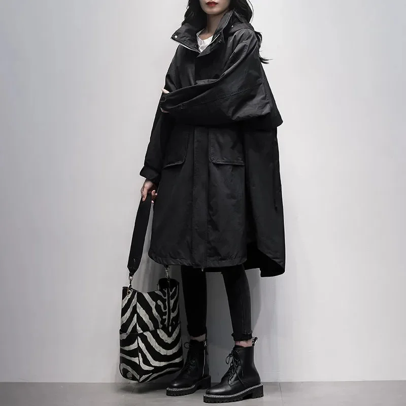 Autumn 2026 New Korean Version of Black Hooded Long Sleeve Leisure With Loose and Slimming Long Trench Coat For Women to Commute