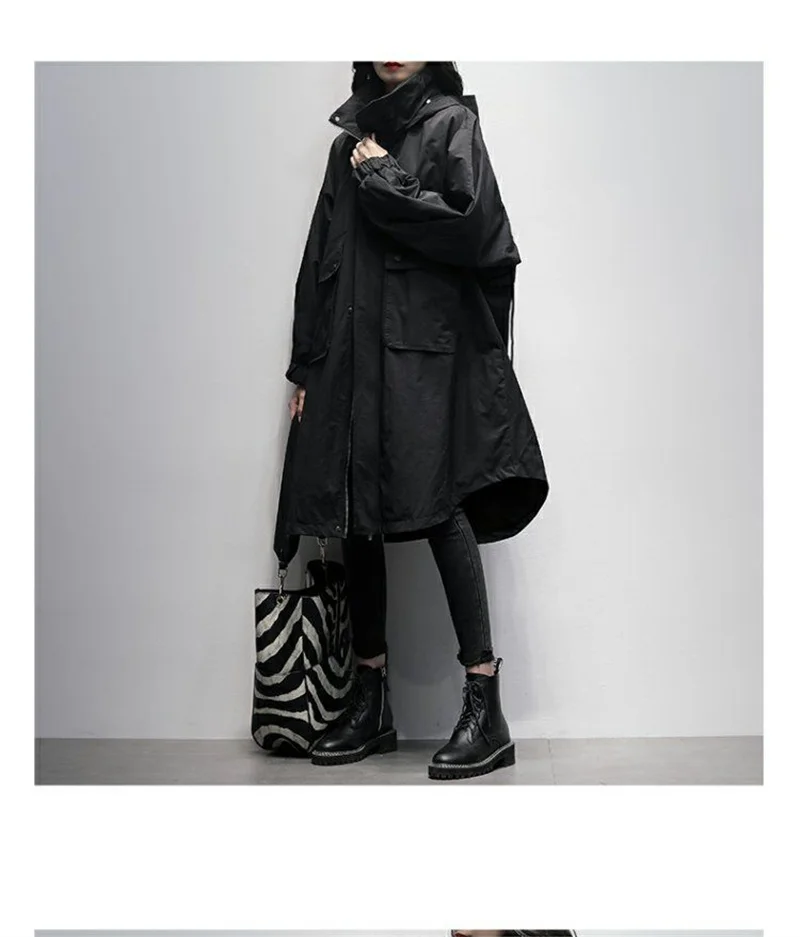 Autumn 2026 New Korean Version of Black Hooded Long Sleeve Leisure With Loose and Slimming Long Trench Coat For Women to Commute