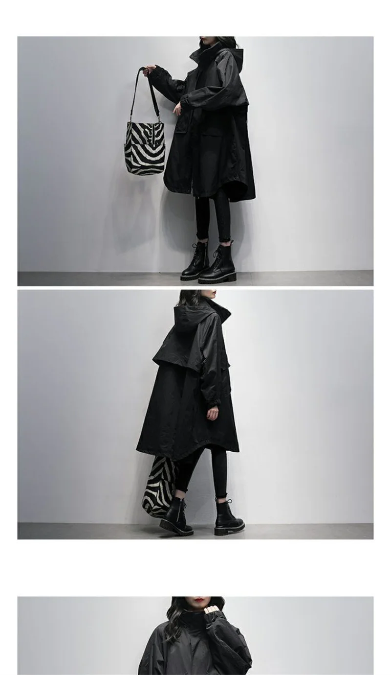 Autumn 2026 New Korean Version of Black Hooded Long Sleeve Leisure With Loose and Slimming Long Trench Coat For Women to Commute