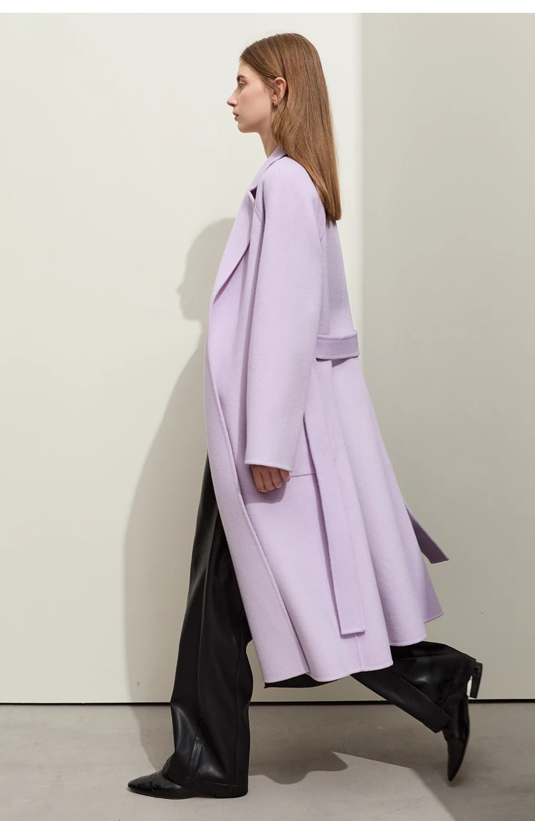 AMII Minimalist Wool Coat For Women 2024 Winter Blazer Collar With Belt Vintage Korean Fashion Long Blends Jacket 12424102