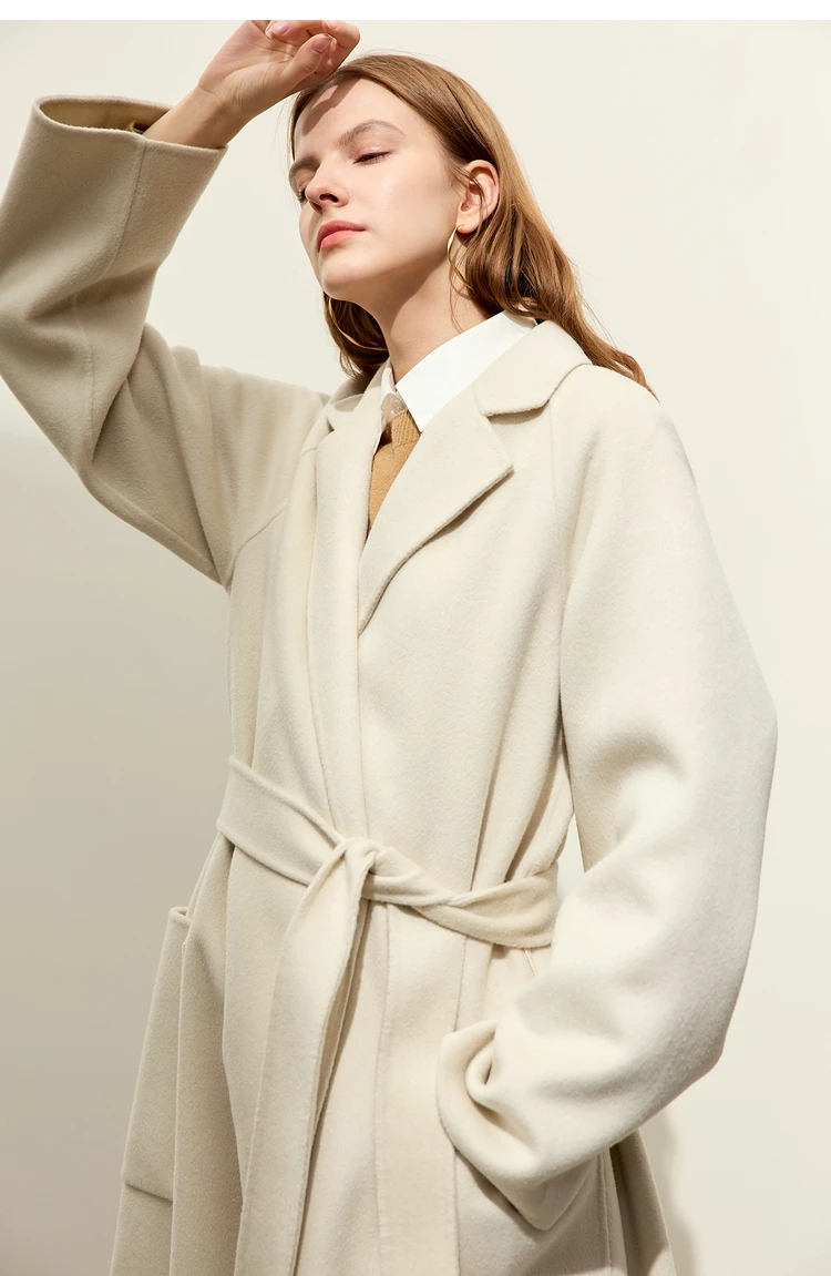 AMII Minimalist Wool Coat For Women 2024 Winter Blazer Collar With Belt Vintage Korean Fashion Long Blends Jacket 12424102