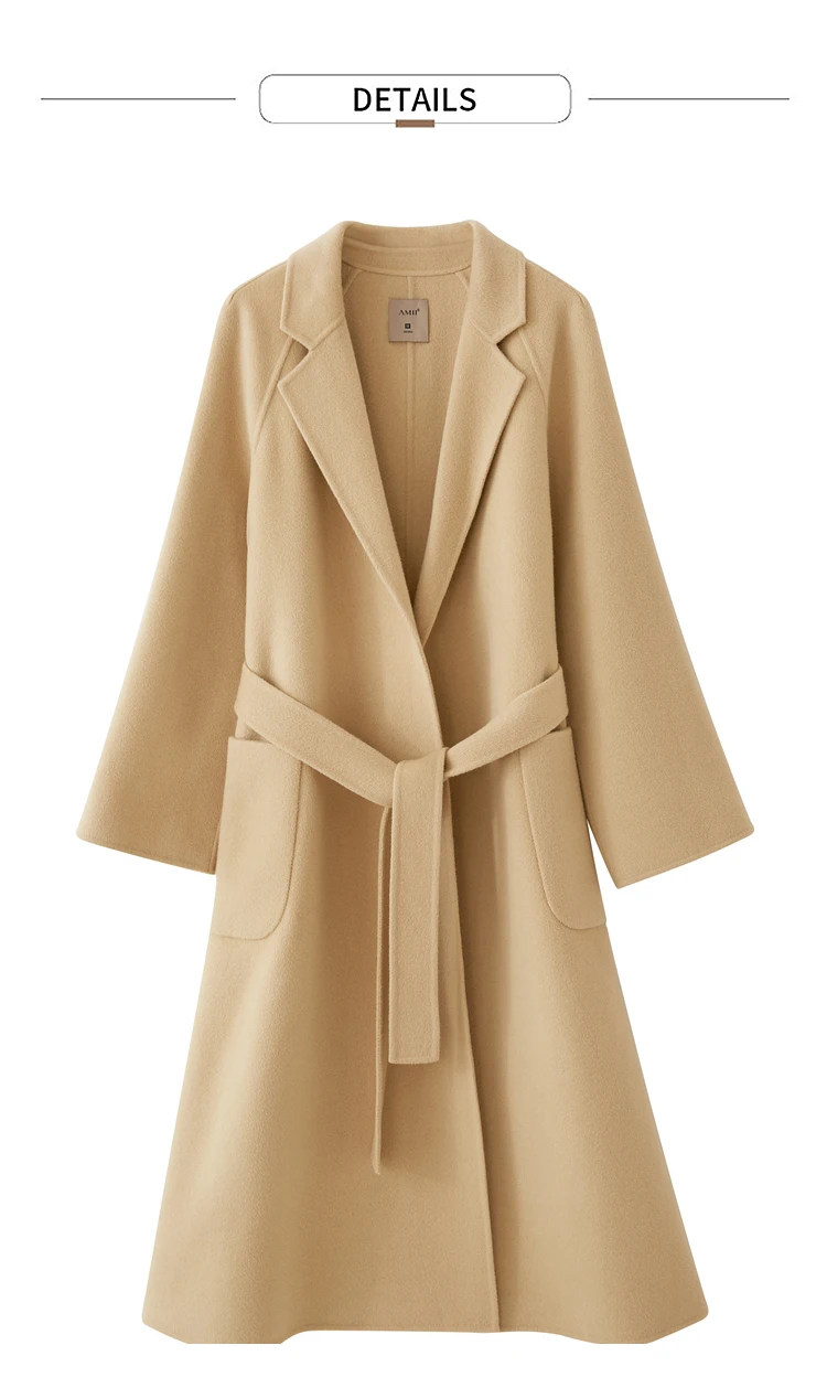 AMII Minimalist Wool Coat For Women 2024 Winter Blazer Collar With Belt Vintage Korean Fashion Long Blends Jacket 12424102