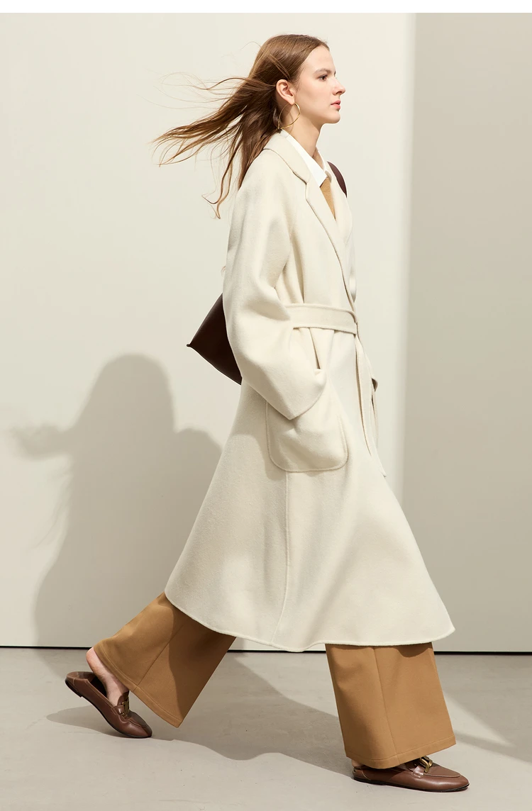AMII Minimalist Wool Coat For Women 2024 Winter Blazer Collar With Belt Vintage Korean Fashion Long Blends Jacket 12424102