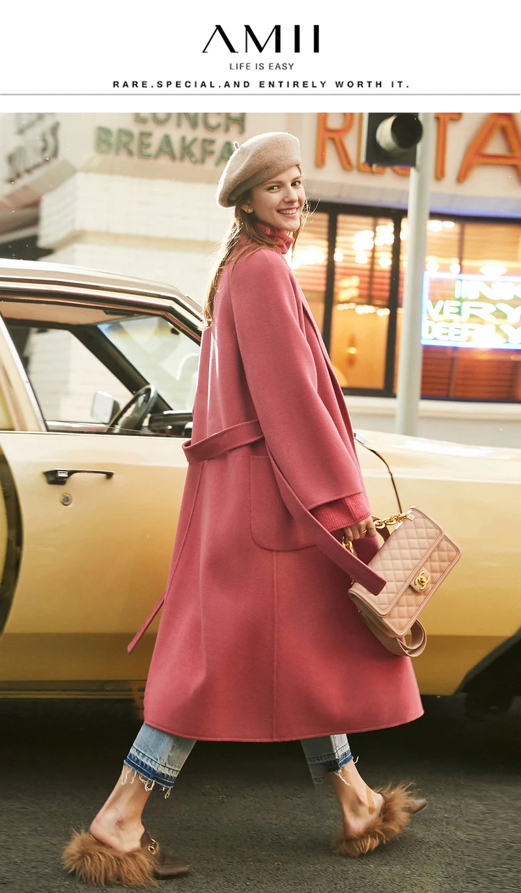AMII Minimalist Wool Coat For Women 2024 Winter Blazer Collar With Belt Vintage Korean Fashion Long Blends Jacket 12424102