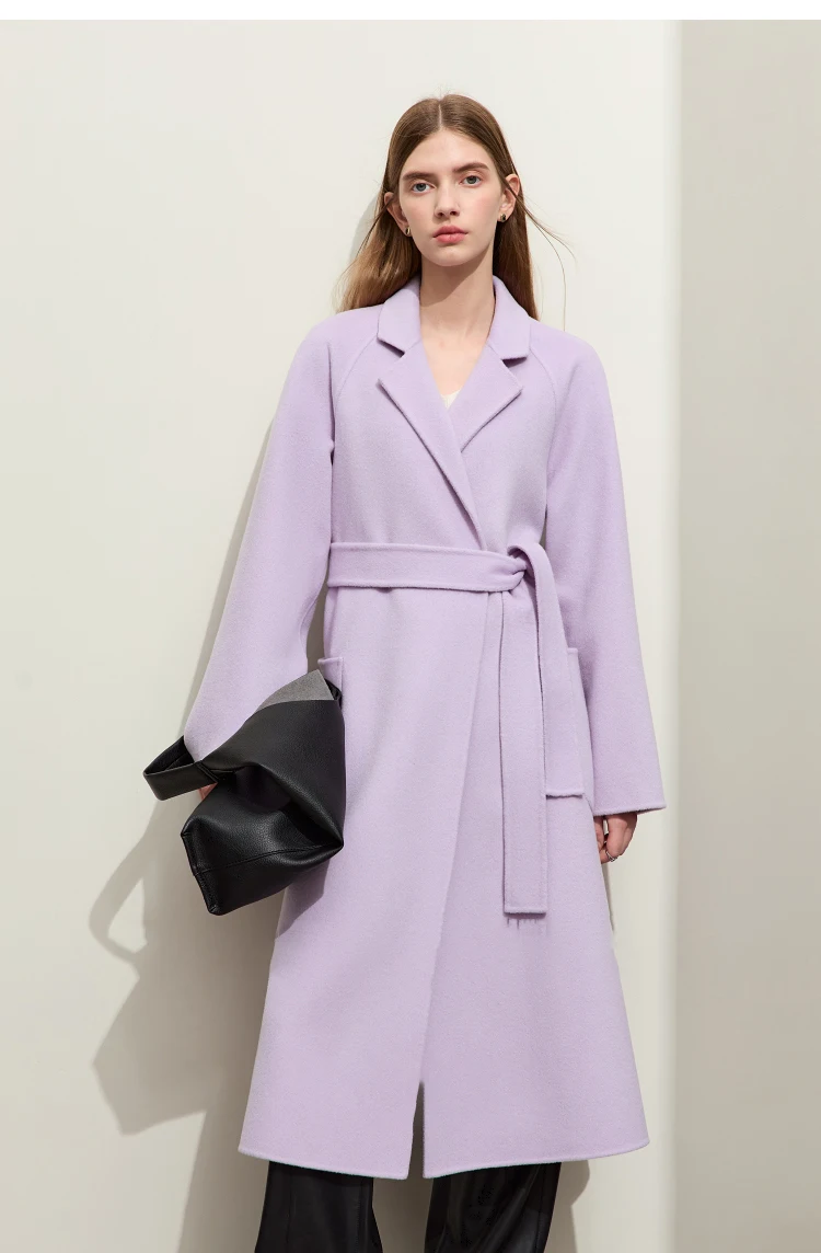 AMII Minimalist Wool Coat For Women 2024 Winter Blazer Collar With Belt Vintage Korean Fashion Long Blends Jacket 12424102