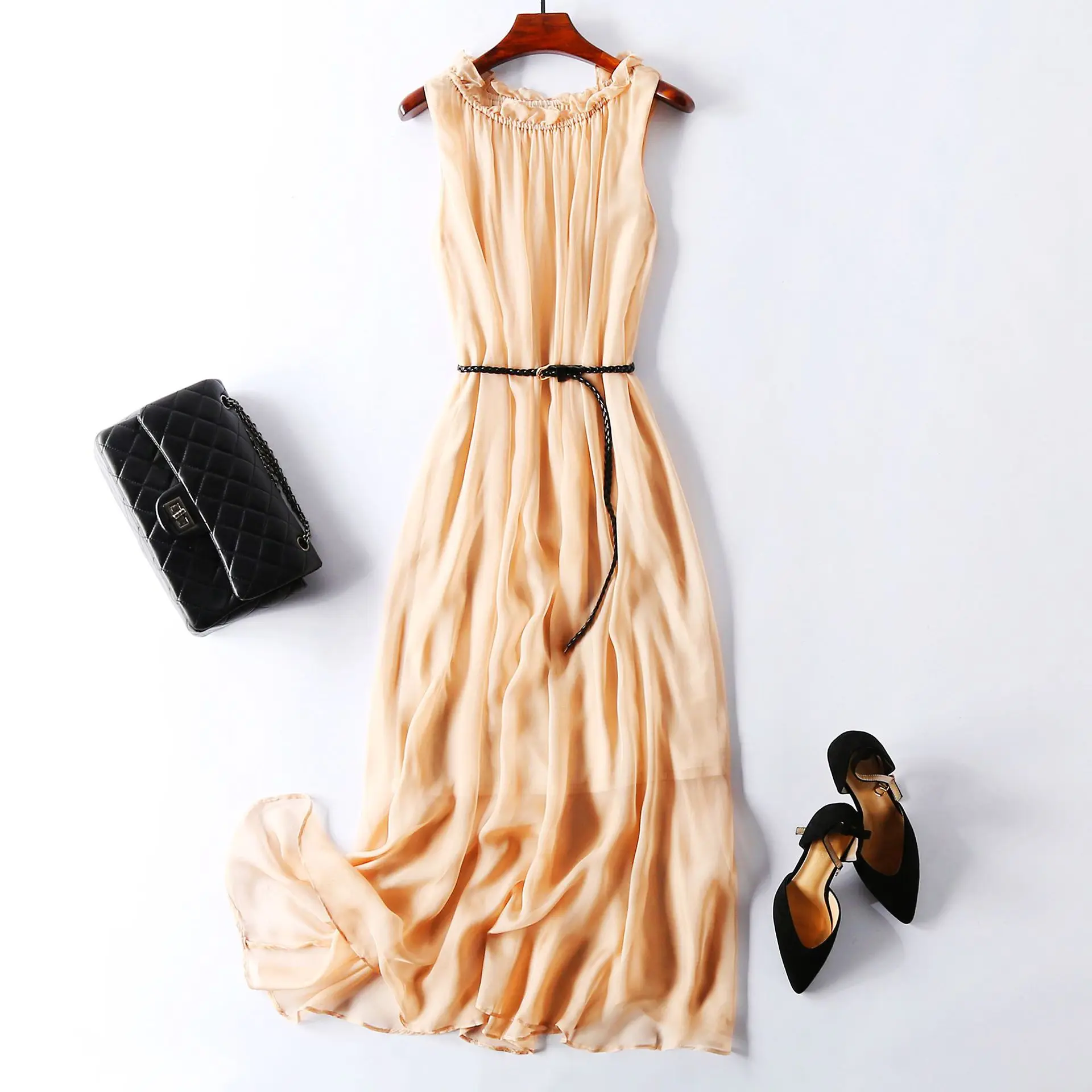 Tcyeek100%mulberry Silk Dress Women Korean Summer Dresses Sleeveless Beach Dress Womans Clothing Ladies Dresses Vestido Feminino