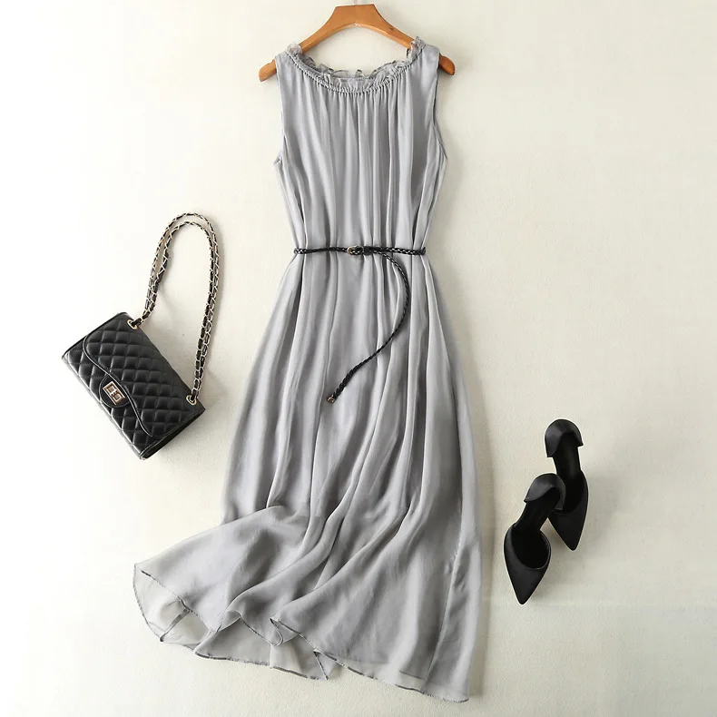 Tcyeek100%mulberry Silk Dress Women Korean Summer Dresses Sleeveless Beach Dress Womans Clothing Ladies Dresses Vestido Feminino