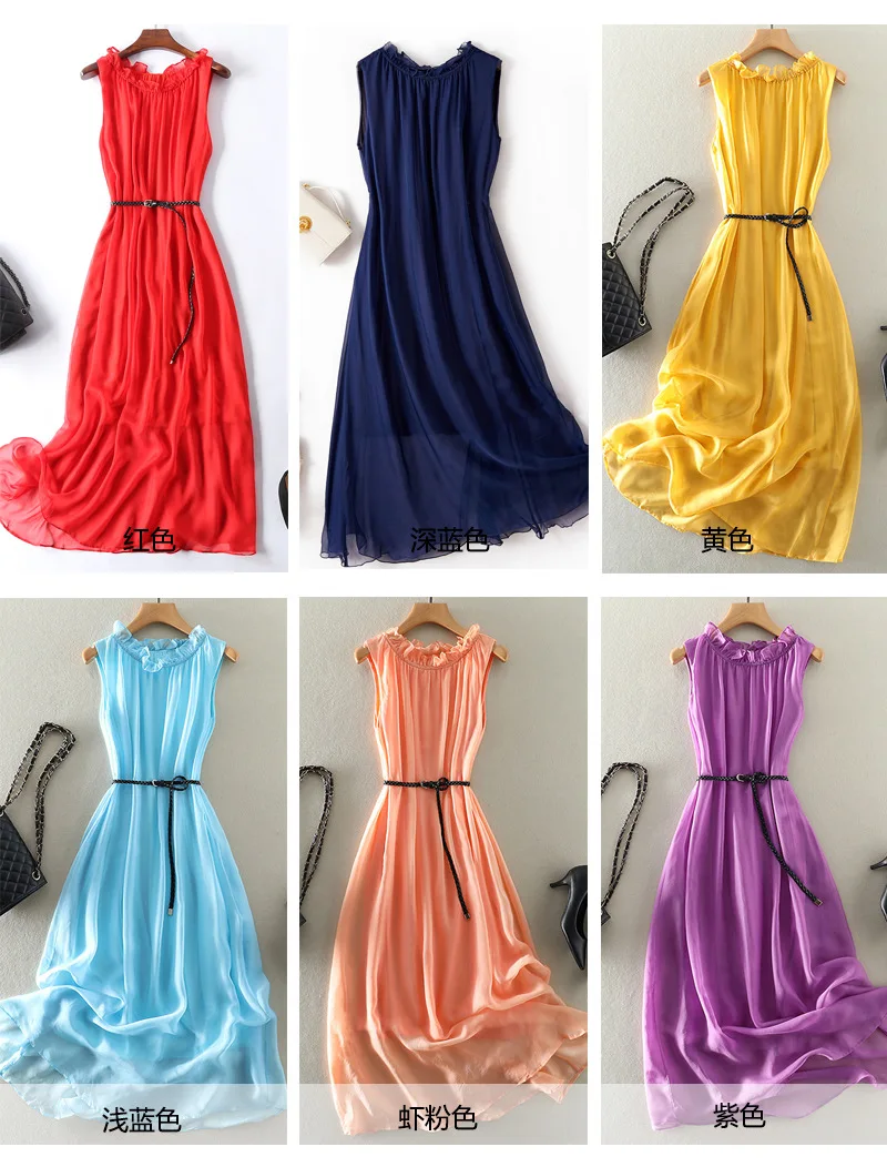 Tcyeek100%mulberry Silk Dress Women Korean Summer Dresses Sleeveless Beach Dress Womans Clothing Ladies Dresses Vestido Feminino