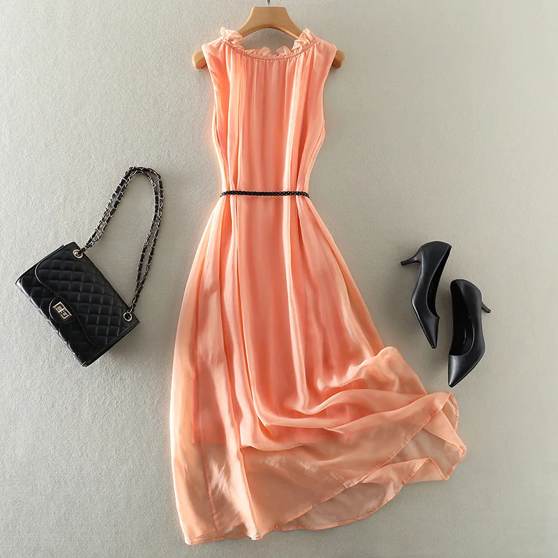 Tcyeek100%mulberry Silk Dress Women Korean Summer Dresses Sleeveless Beach Dress Womans Clothing Ladies Dresses Vestido Feminino