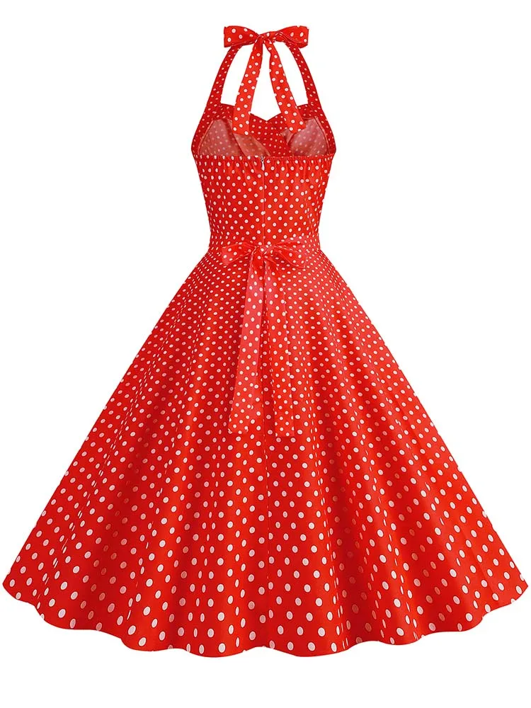 Elegant Polka Dot Party Dress Women Summer Halter High Waist 50s Vintage Fit and Flare Backless Retro Dresses