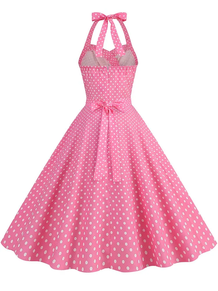 Elegant Polka Dot Party Dress Women Summer Halter High Waist 50s Vintage Fit and Flare Backless Retro Dresses