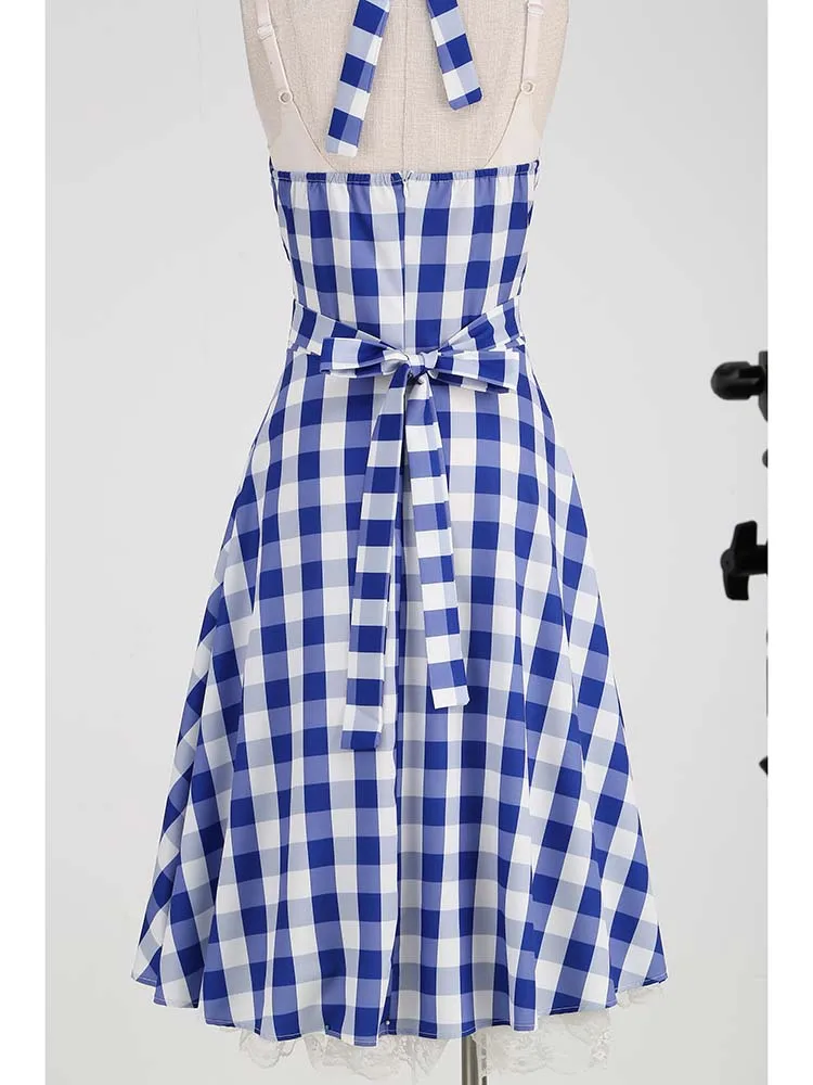 Elegant Polka Dot Party Dress Women Summer Halter High Waist 50s Vintage Fit and Flare Backless Retro Dresses