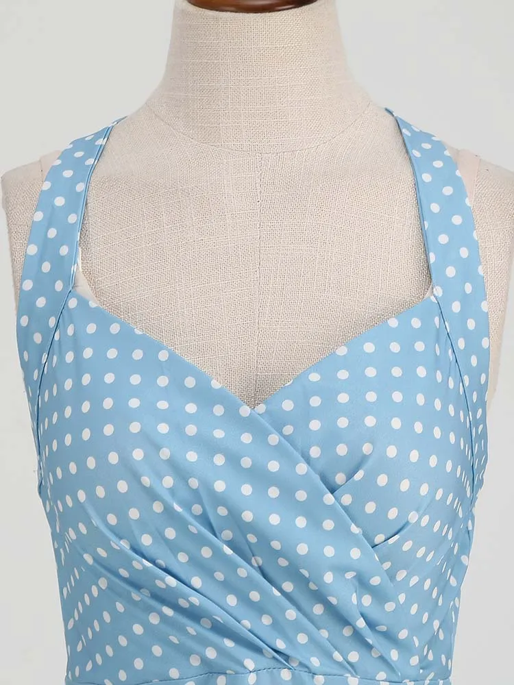 Elegant Polka Dot Party Dress Women Summer Halter High Waist 50s Vintage Fit and Flare Backless Retro Dresses