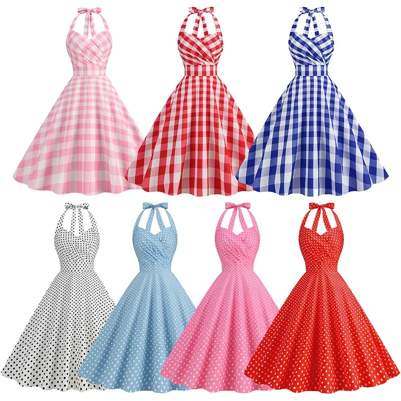 Elegant Polka Dot Party Dress Women Summer Halter High Waist 50s Vintage Fit and Flare Backless Retro Dresses