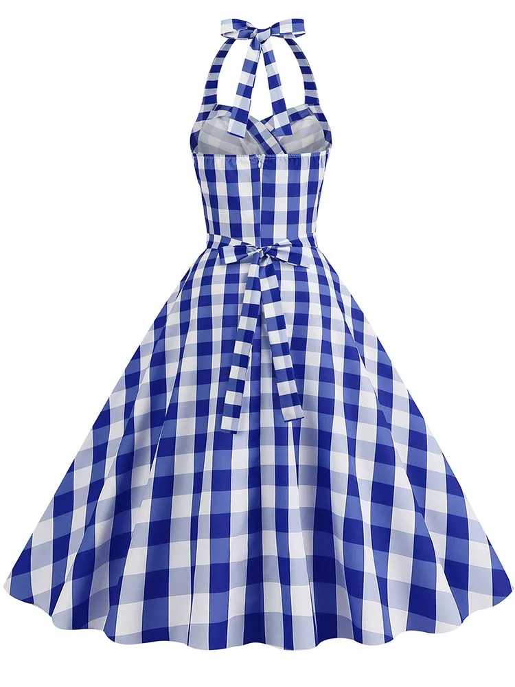 Elegant Polka Dot Party Dress Women Summer Halter High Waist 50s Vintage Fit and Flare Backless Retro Dresses