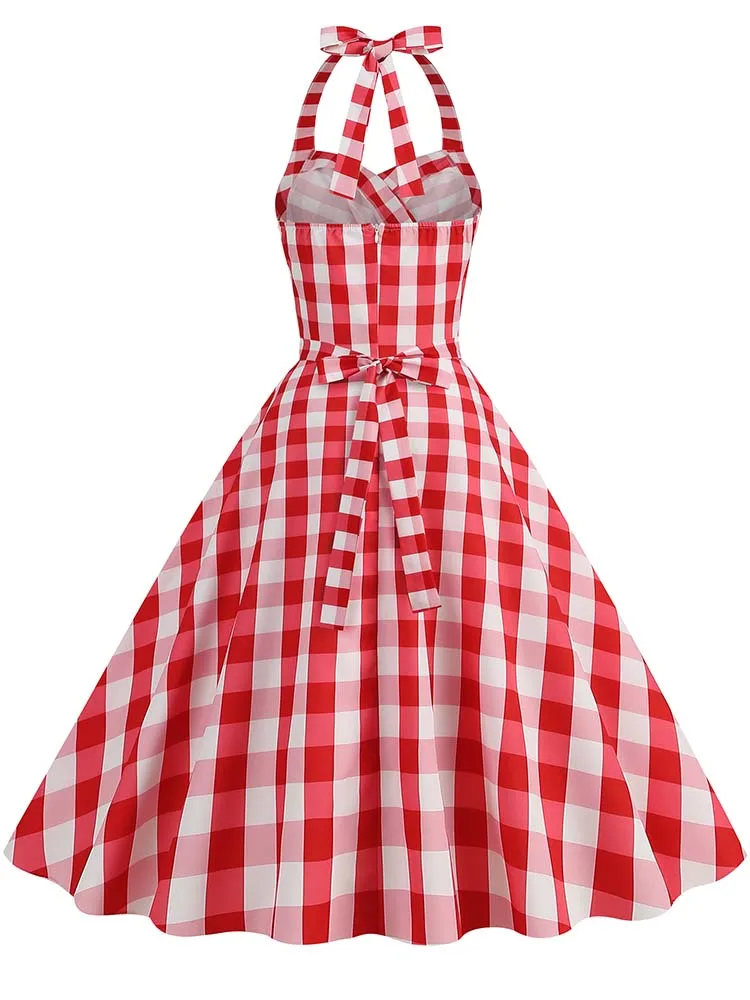 Elegant Polka Dot Party Dress Women Summer Halter High Waist 50s Vintage Fit and Flare Backless Retro Dresses