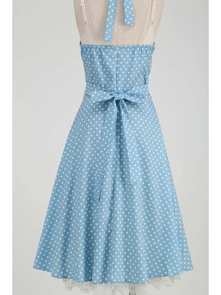 Elegant Polka Dot Party Dress Women Summer Halter High Waist 50s Vintage Fit and Flare Backless Retro Dresses