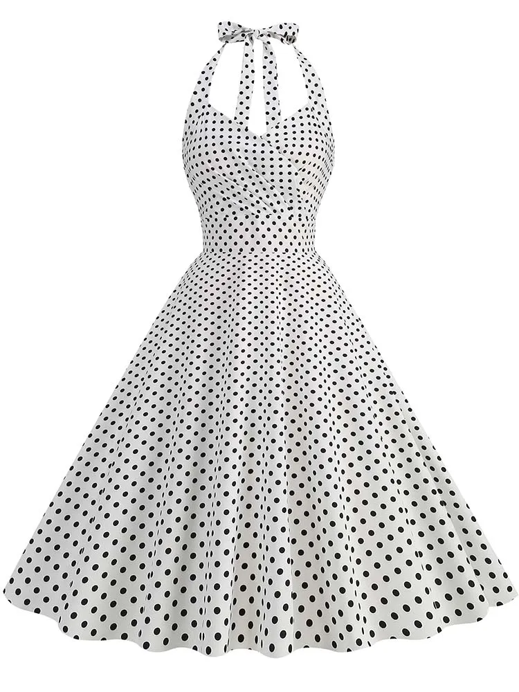 Elegant Polka Dot Party Dress Women Summer Halter High Waist 50s Vintage Fit and Flare Backless Retro Dresses