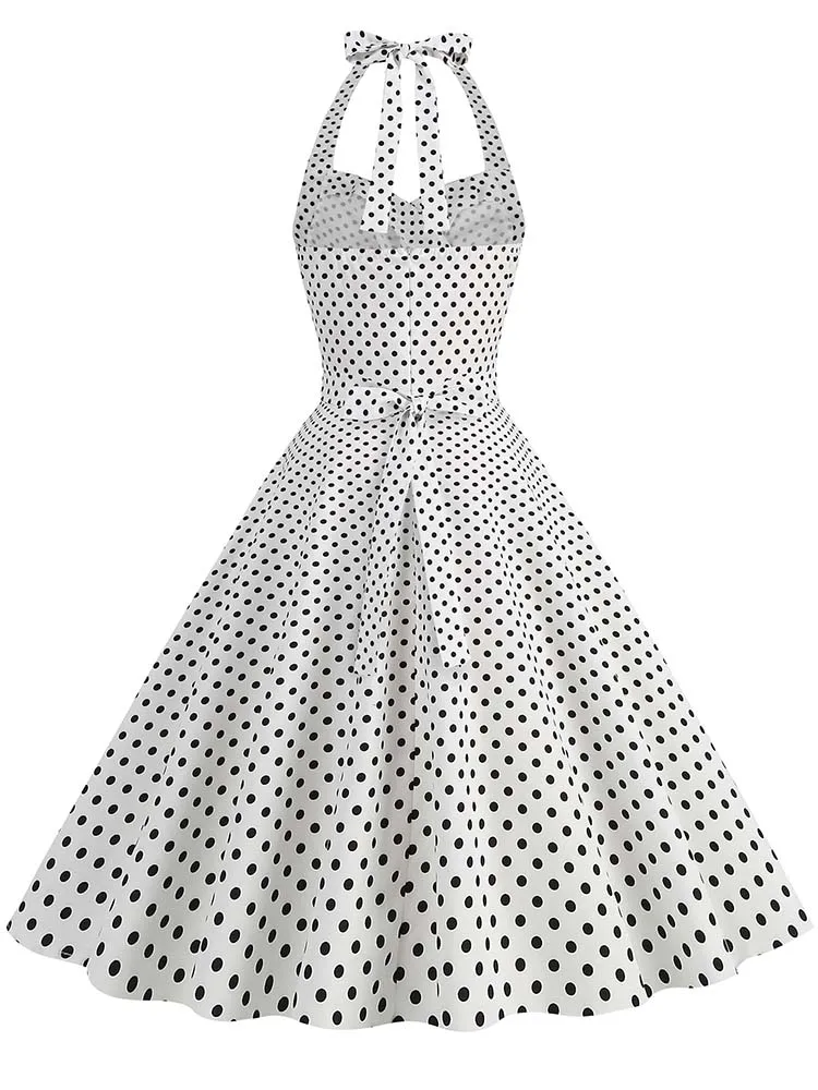 Elegant Polka Dot Party Dress Women Summer Halter High Waist 50s Vintage Fit and Flare Backless Retro Dresses