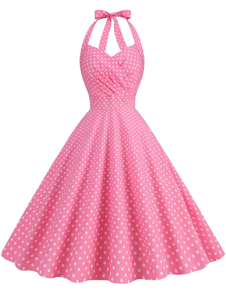 Elegant Polka Dot Party Dress Women Summer Halter High Waist 50s Vintage Fit and Flare Backless Retro Dresses