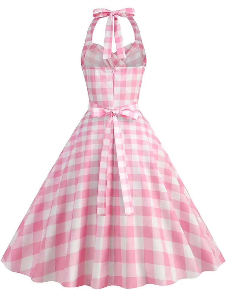 Elegant Polka Dot Party Dress Women Summer Halter High Waist 50s Vintage Fit and Flare Backless Retro Dresses