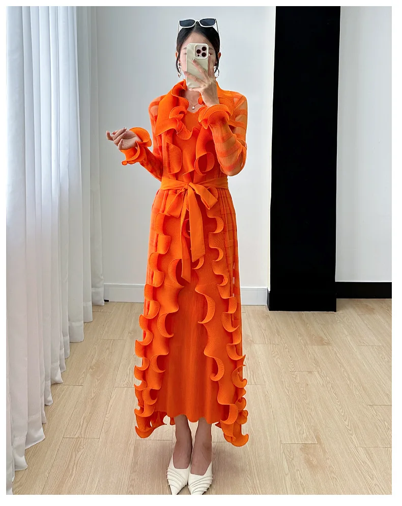Miyake Women's Dress Women's Fall 2024 New Ruffle Edge Solid Color Versatile Elegant Tank Top Dress Pleated Windbreaker