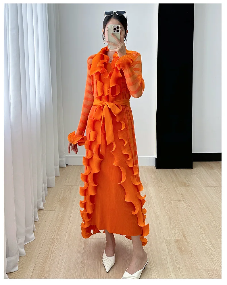 Miyake Women's Dress Women's Fall 2024 New Ruffle Edge Solid Color Versatile Elegant Tank Top Dress Pleated Windbreaker
