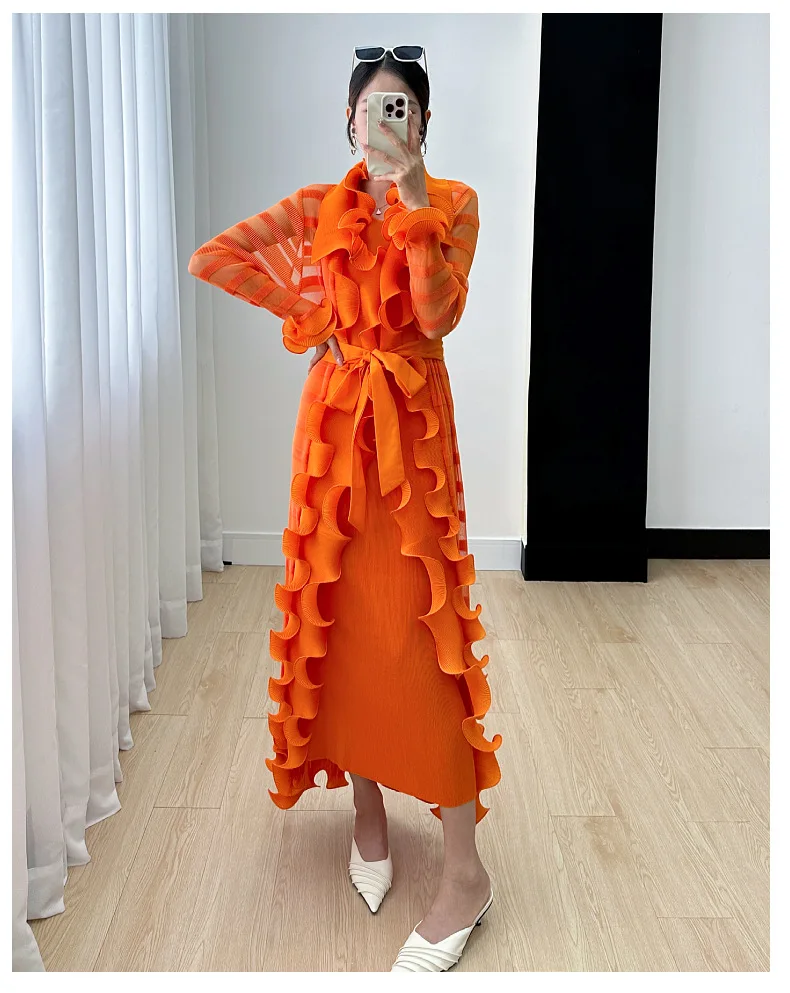 Miyake Women's Dress Women's Fall 2024 New Ruffle Edge Solid Color Versatile Elegant Tank Top Dress Pleated Windbreaker
