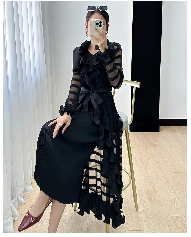 Miyake Women's Dress Women's Fall 2024 New Ruffle Edge Solid Color Versatile Elegant Tank Top Dress Pleated Windbreaker