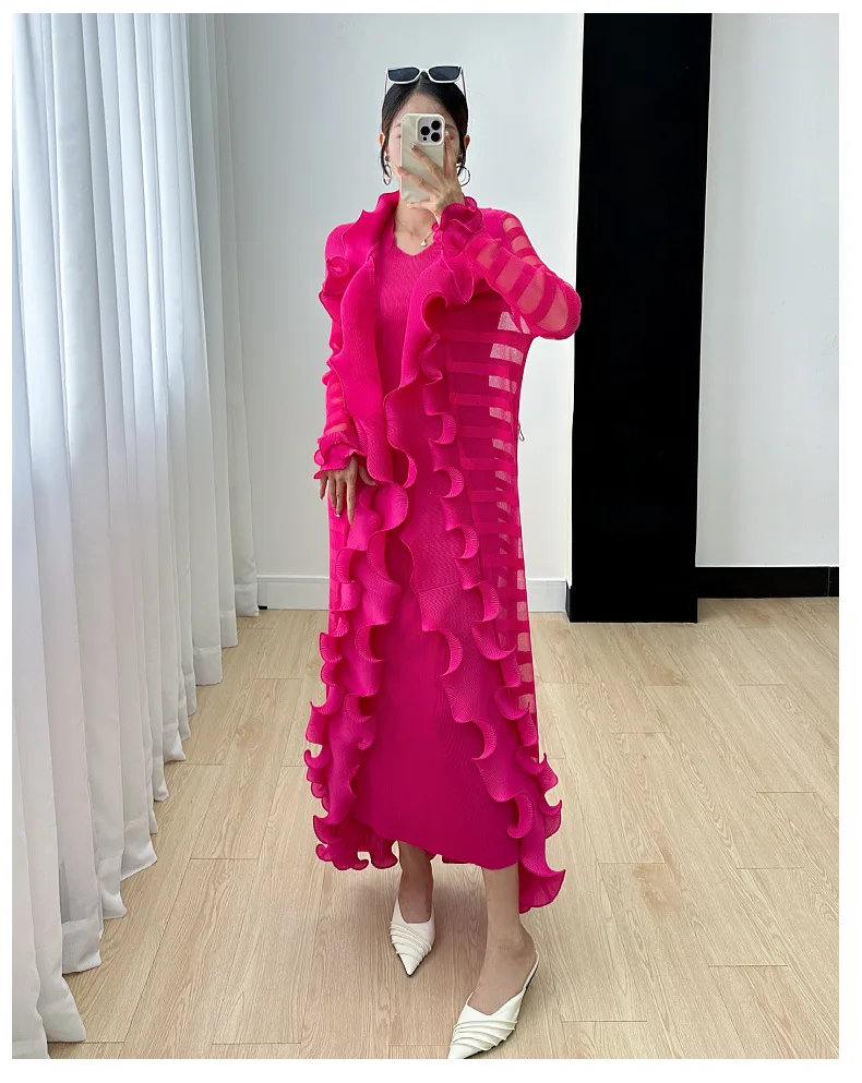 Miyake Women's Dress Women's Fall 2024 New Ruffle Edge Solid Color Versatile Elegant Tank Top Dress Pleated Windbreaker
