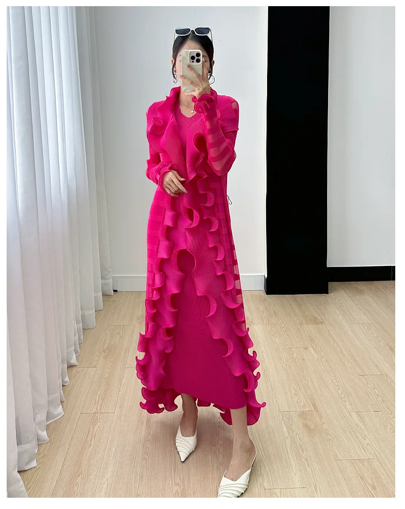 Miyake Women's Dress Women's Fall 2024 New Ruffle Edge Solid Color Versatile Elegant Tank Top Dress Pleated Windbreaker