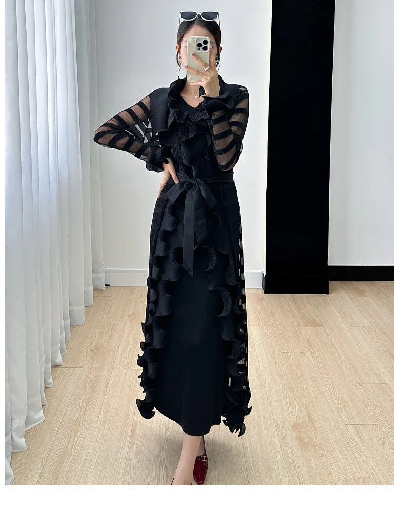 Miyake Women's Dress Women's Fall 2024 New Ruffle Edge Solid Color Versatile Elegant Tank Top Dress Pleated Windbreaker
